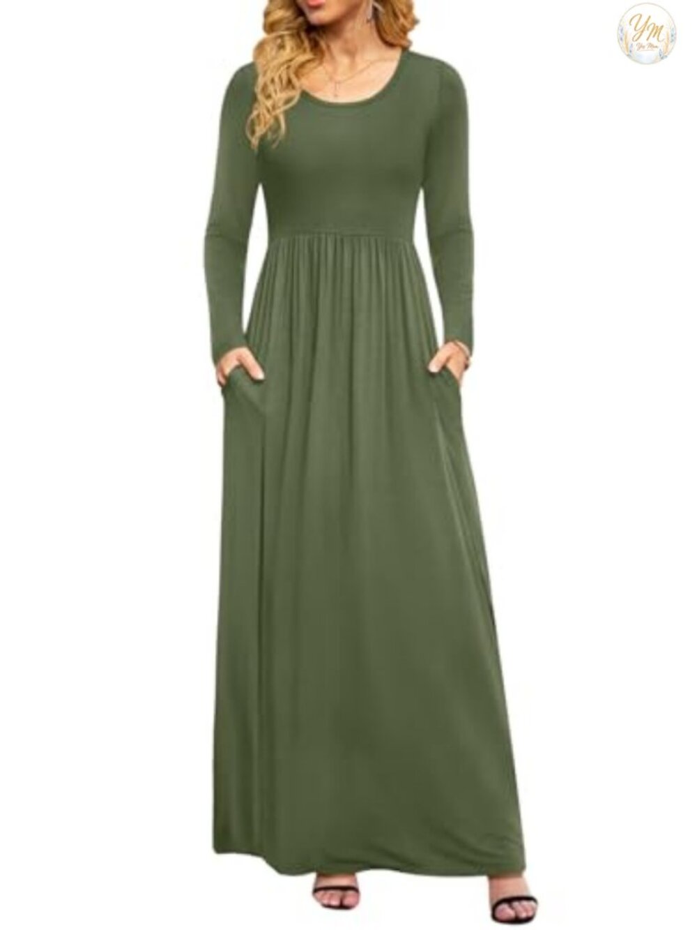 Women Long Sleeve Maxi Dress Empire Waist A-Line with Pockets Casual